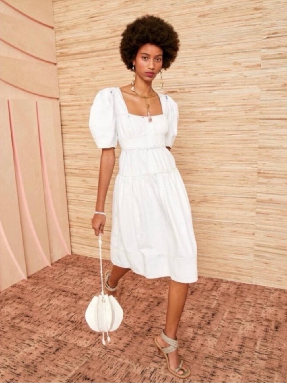 Ulla Johnson White Square-Neck Tiered Midi Dress
